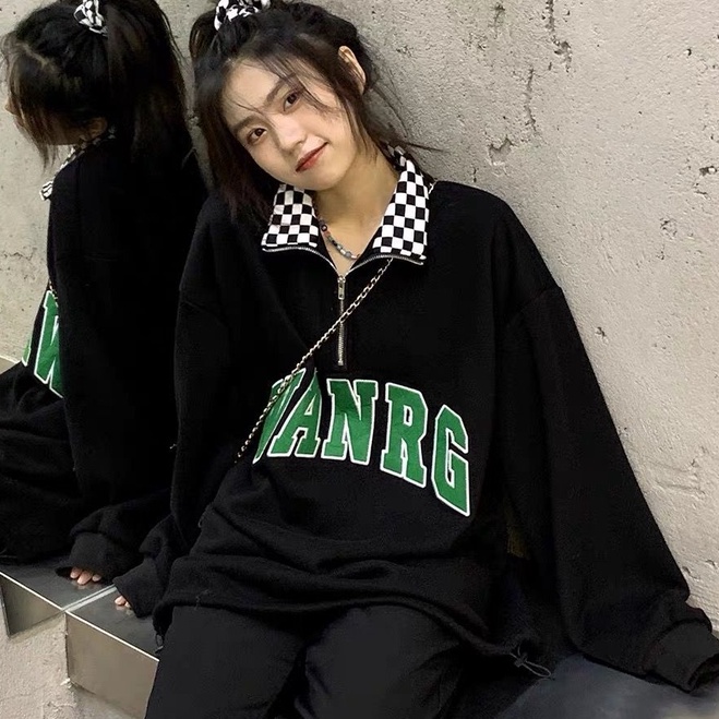 Áo Sweater Cổ Polo Dáng Rộng In Chữ Thời Trang Cho Cặp Đôi