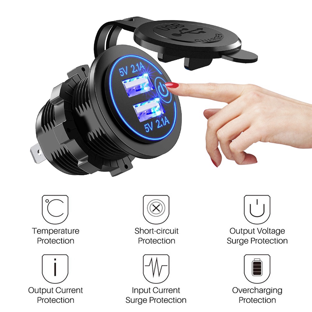 Tẩu sạc hai cổng USB 4.2A có công tắc dành cho xe hơi/ xe máy