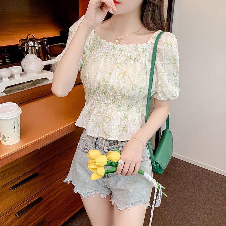 Áo Voan Tay Ngắn Cổ Vuông Xếp Ly Ôm Eo Phong Cách Phương Tây Mẫu Mới 2022 Thời Trang Cho Nữ