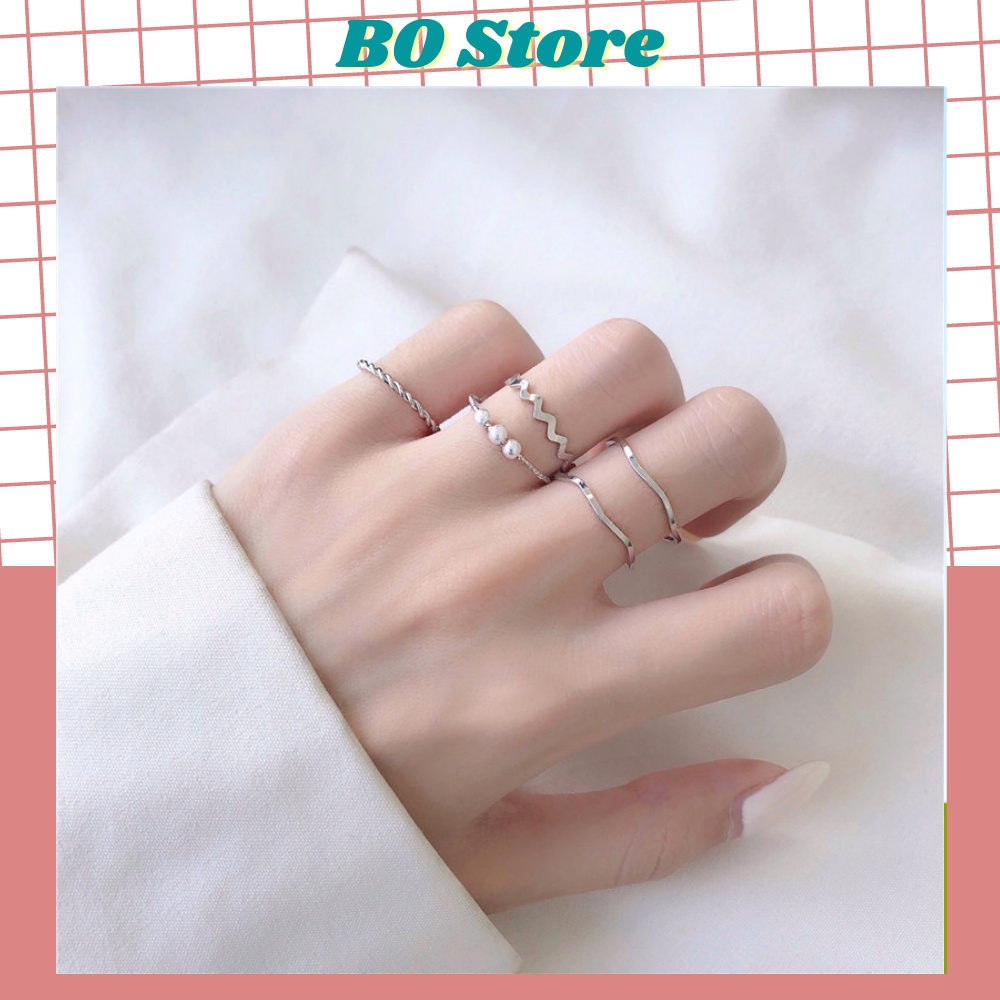 Set Nhẫn Mạ Vàng Đính Ngọc Trai Nhân Tạo Lung Linh Phong Cách Hàn Quốc N02