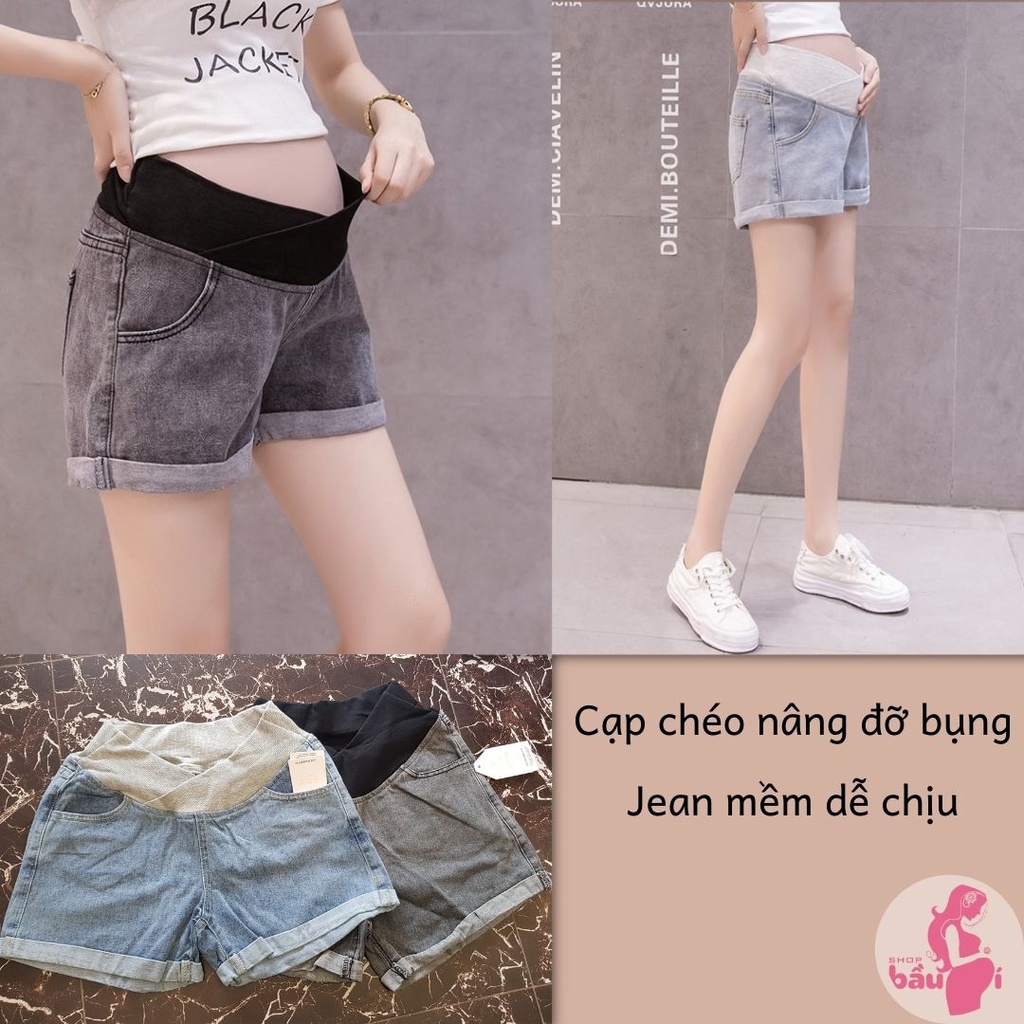 Quần sooc bầu cạp chéo gập gấu, jean mềm đẹp, cạp chéo dưới bụng mặc từ bầu bé tới to thoải mái - SBQ17