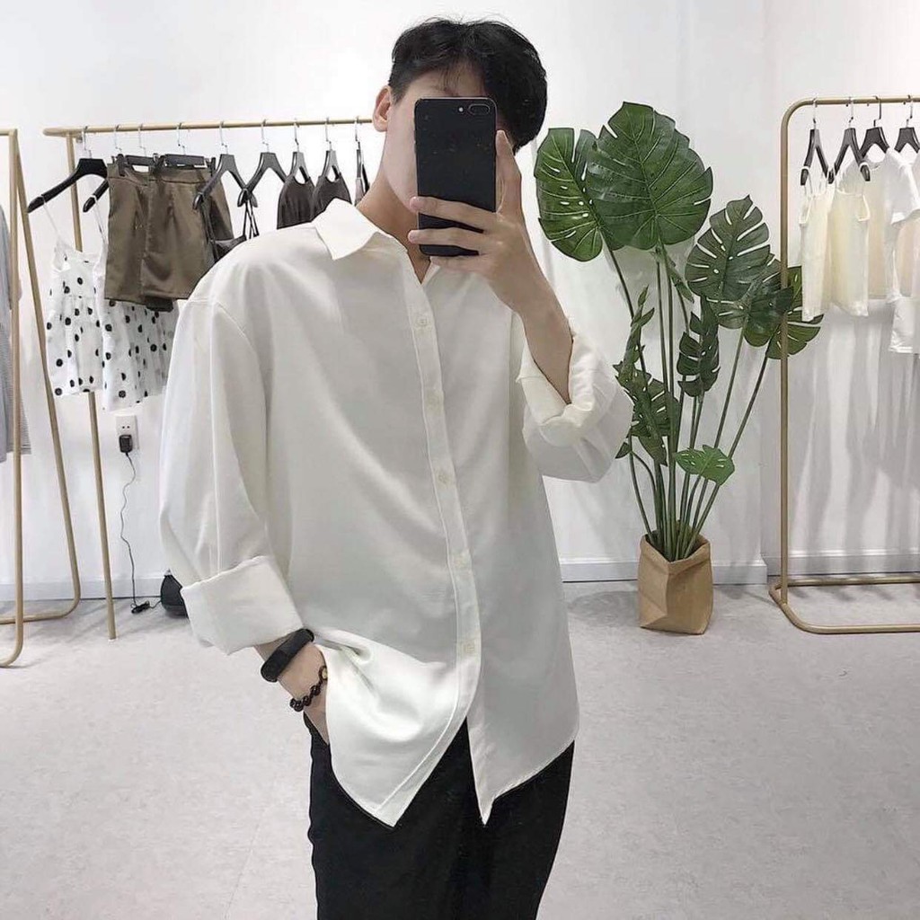 Áo Sơ Mi Trơn Trắng Nam Nữ Tay Dài Form Rộng Unisex