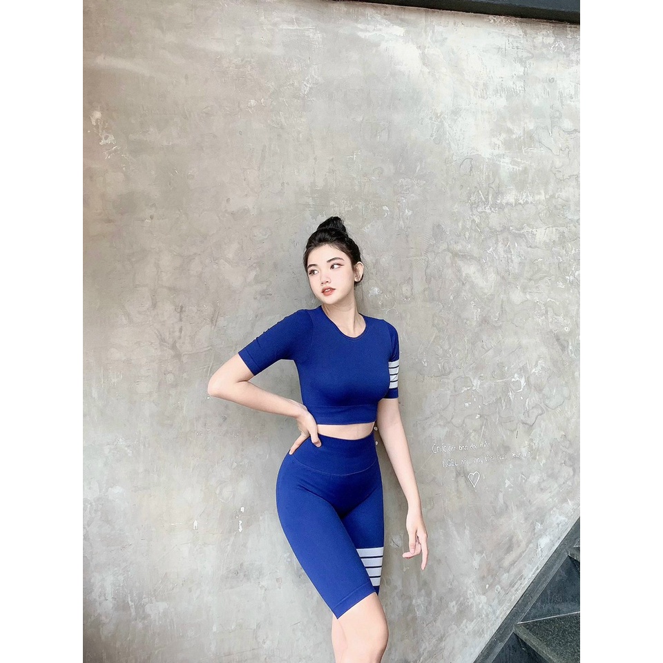 Set bộ đồ tập gym yoga nữ dệt kim áo crop ngắn tay, quần đùi ngố chun mông cao cấp Bin Sports BL023