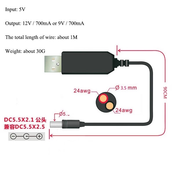 Dây cáp chuyển đổi nguồn điện DC 5V sang DC 9V / 12V tuỳ chọn 2.1x5.5mm