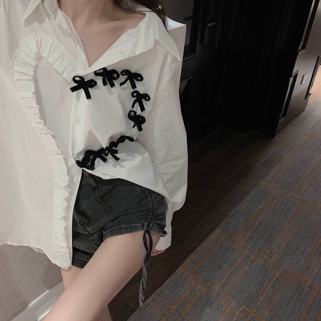 Áo sơ mi trắng đen tay dài phối nơ thời trang mùa thu cho nữ