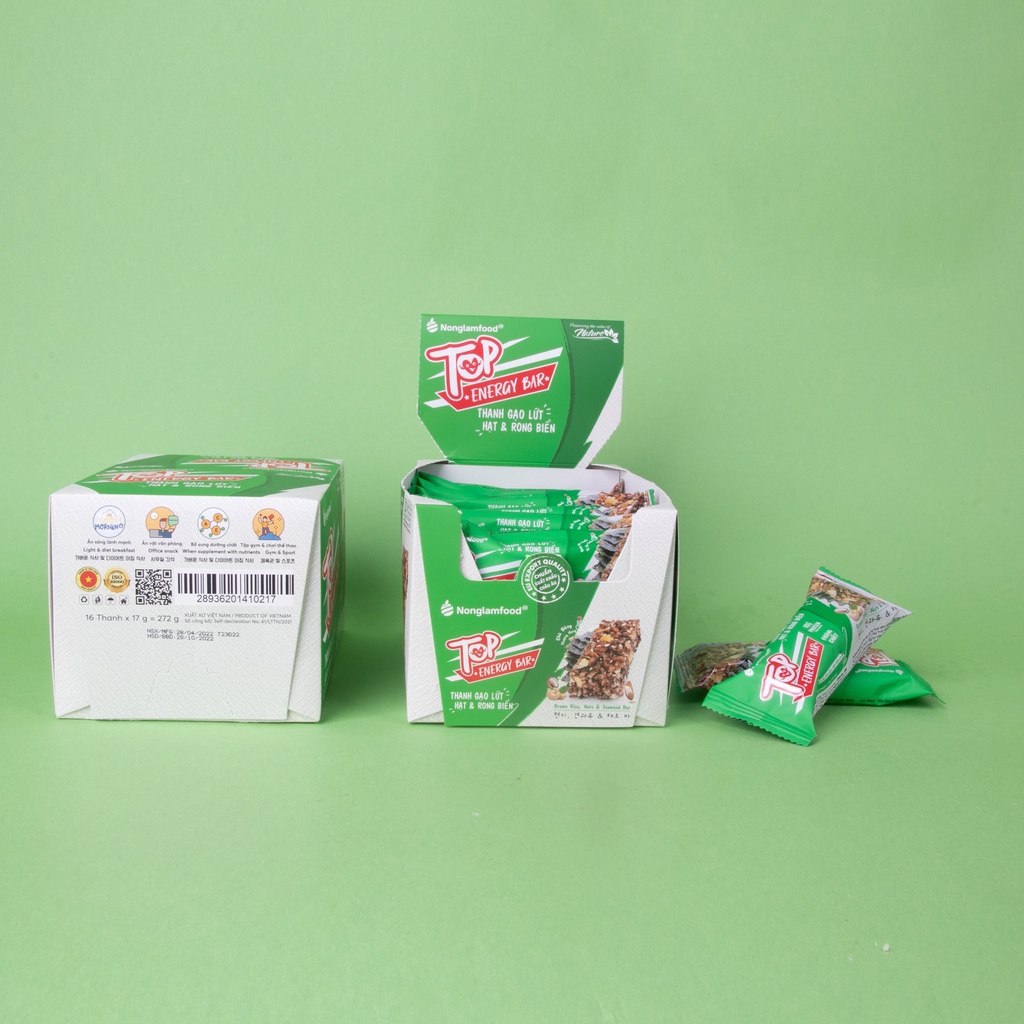 [THUẦN CHAY] Thanh năng lượng gạo lứt ngũ cốc Hạt và Rong biển Top Energy Bar Nonglamfood hộp 272g | Ăn kiêng