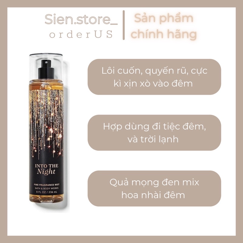 INTO THE NIGHT - Xịt thơm Bath & Body Works US (kèm quà tặng xinh xinh)