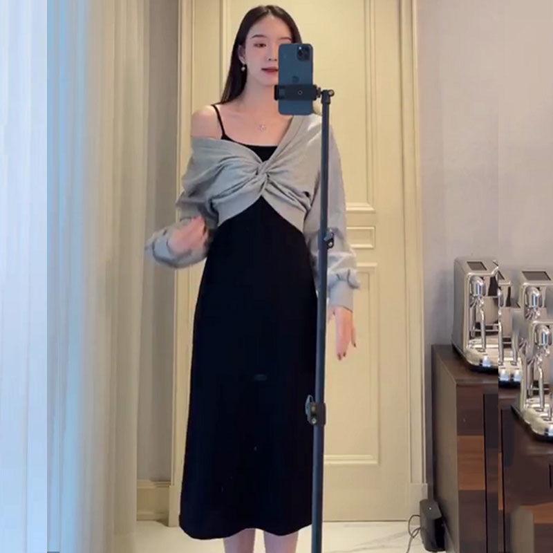 Bộ áo sweater và đầm 2 dây phong cách retro Pháp cho nữ