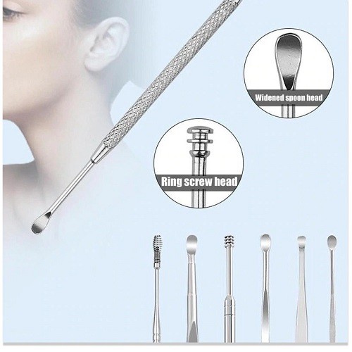 Bộ dụng cụ lấy ráy tai chuyên nghiệp 6 món cao cấp bằng thép không rỉ- Tặng kèm hộp đựng hình trụ treo khóa