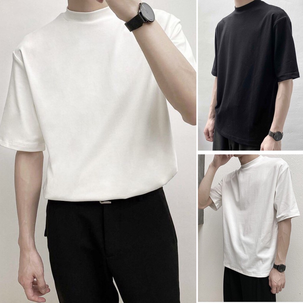 Áo thun nam trơn cổ cao mùa hè, phong cách trưởng thành nam tay lửng