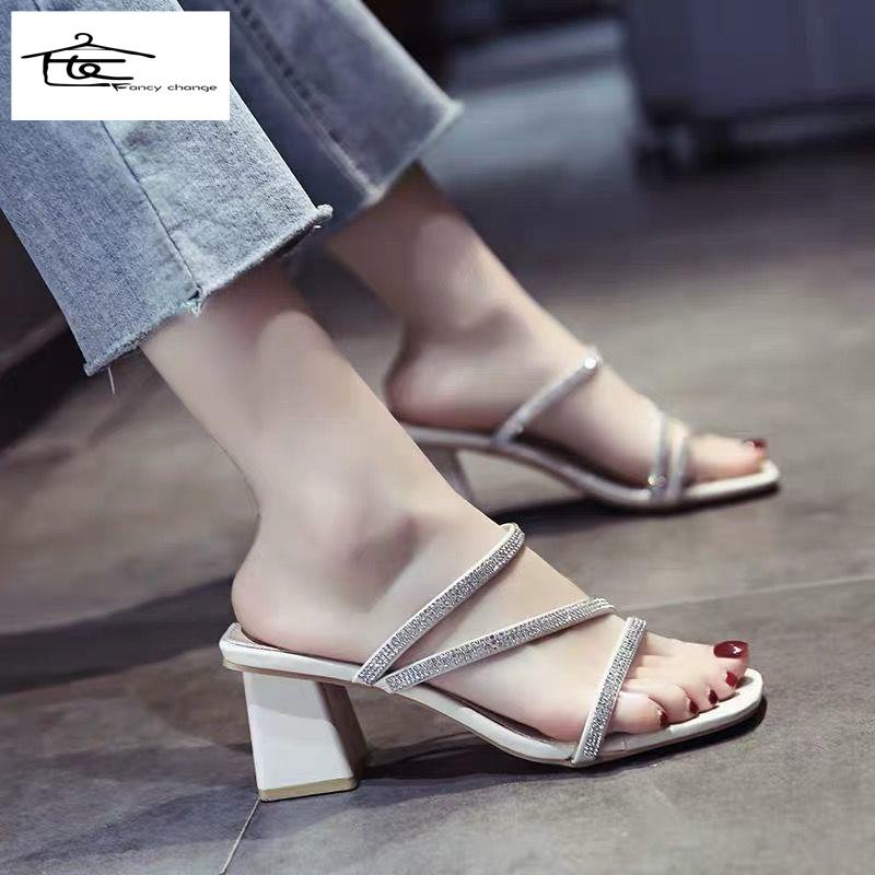 Dép Sandal Cao Gót Mũi Vuông Đính Đá Thời Trang Mùa Hè Cho Nữ