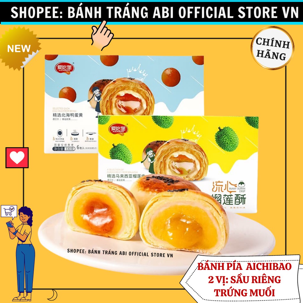 [PHIÊN BẢN CAO CẤP] HỘP 6 CÁI BÁNH PÍA TAN CHẢY Aichibao VỊ TRỨNG MUỐI-SẦU RIÊNG 330g