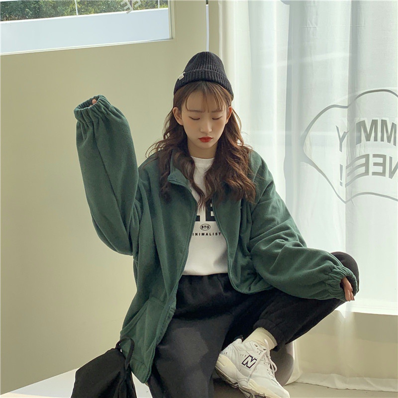 Áo khoác dài tay cổ đứng màu trơn thiết kế dáng rộng hợp thời trang