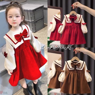 Váy (8_30kg) nhung babydoll tay bồng cổ phối nơ tiểu thư xinh xắn bé gái