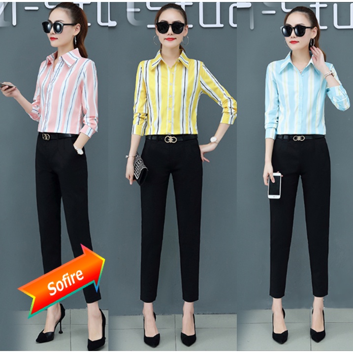 Áo sơ mi nữ tay dài họa tiết sọc kẻ dọc xinh xắn thời trang - HÀNG MỚI VỀ