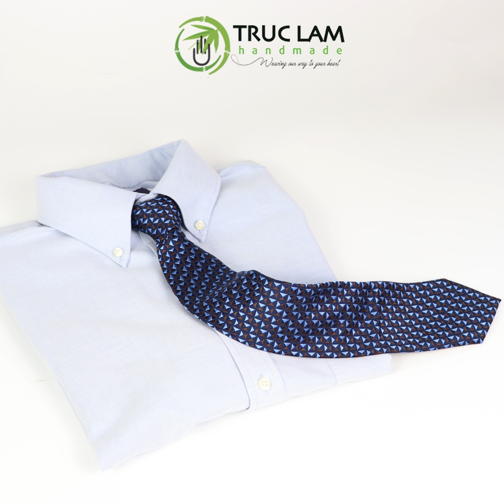 Cà Vạt Lụa 8cm Cho Nam Cao Cấp Họa Tiết Hình Khối Nâu Xanh Sang Trọng MS5 - Trúc Lâm Handmade