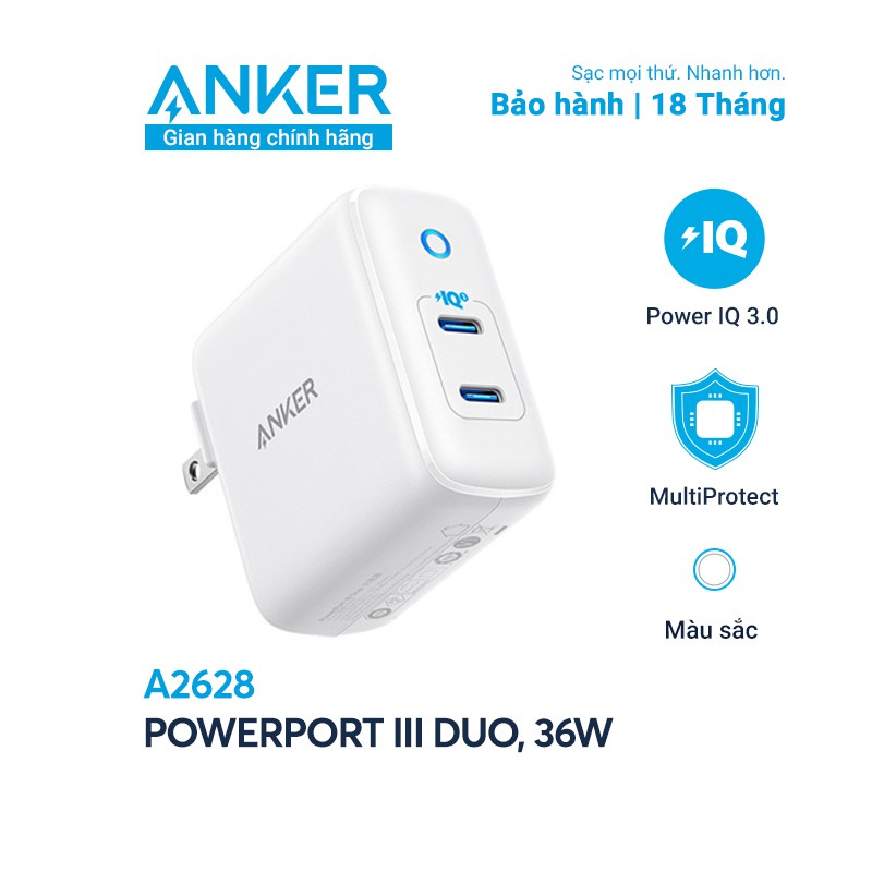 Sạc Anker PowerPort III Duo 36W 2 cổng PIQ 3.0 - A2628