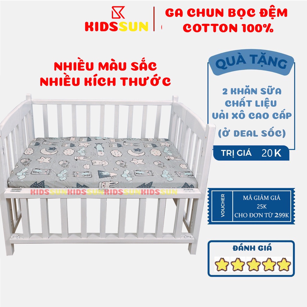 Ga Cũi Cho Bé Dạng Chun Bọc Đệm KIDSSUN Chất Liệu Cotton 100% Mềm Mịn Thoáng Mát Thấm Hút Mồ Hôi Full Màu Sắc