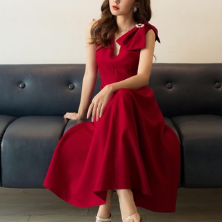 Đầm cổ v phối nơ màu đỏ edini - d1186