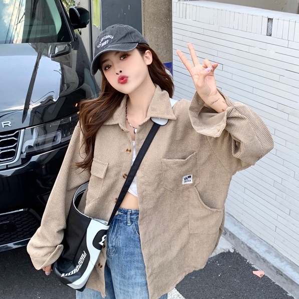 ZHELIHANGFEI Áo Sơ Mi Dài Tay Dáng Rộng Phối Túi Cá Tính Theo Phong Cách Nhật Bản