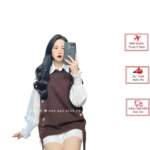 Áo sơ mi trắng chun tay nữ kèm gile len nâu đen công sở ulzzang Hàn Quốc