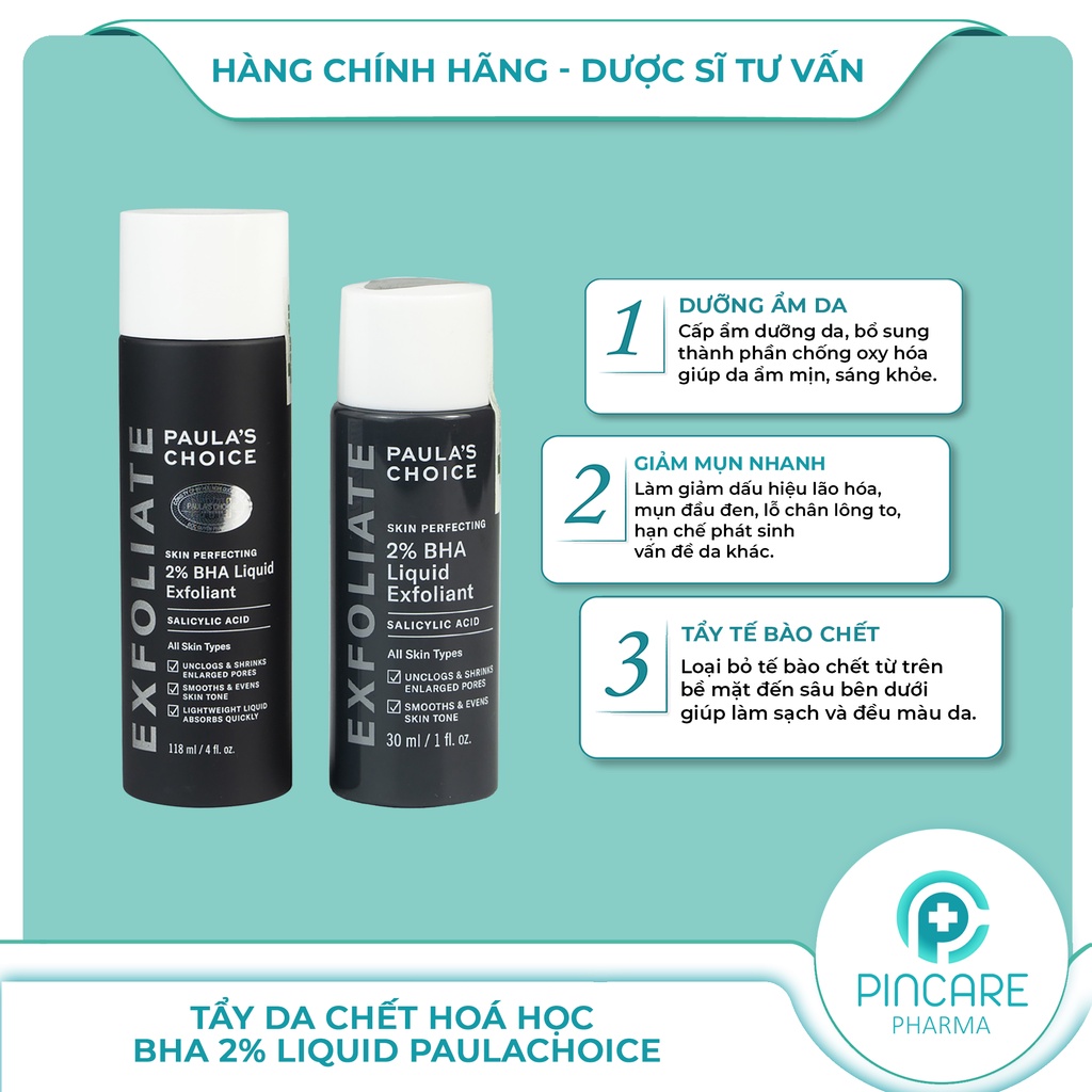 Tẩy da chết hoá học Paula's Choice Skin Perfecting 2% BHA Liquid se khít lỗ chân lông - Hàng chính hãng - PinCare