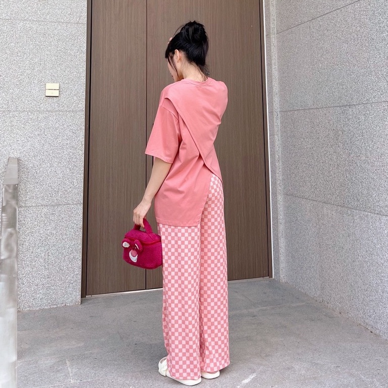 Đồ bộ nữ quần ống suông caro mặc nhà đi dạo phố dễ thương