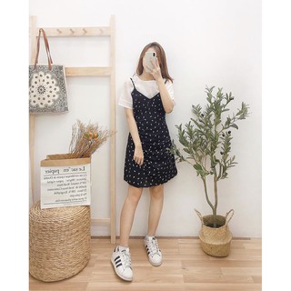 Set áo voan + đầm 2 dây nhún 1 bên tim đen