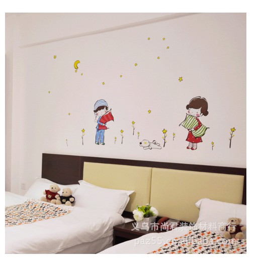 Decal trang trí tường - Bé Trai Bé Gái Good Night sao vàng