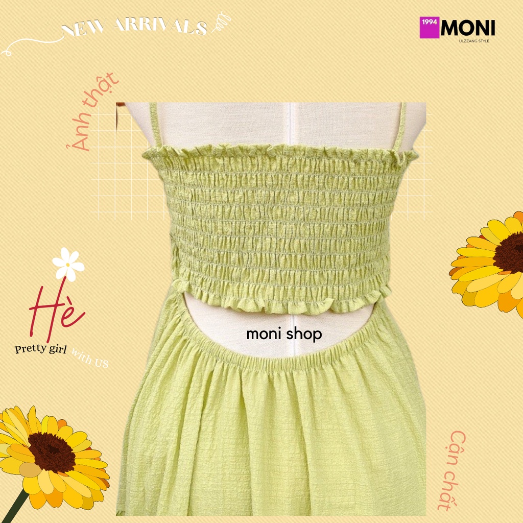 Váy babydoll 2 dây hở lưng đi biển dáng dài xòe xanh dương