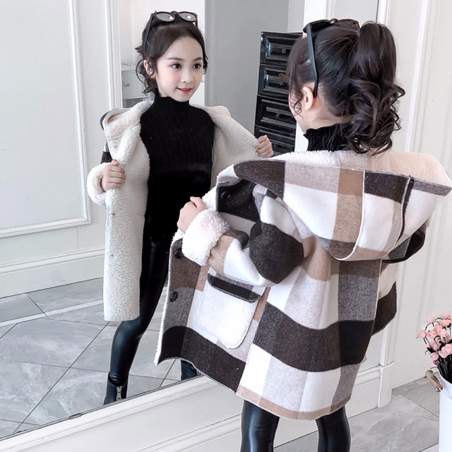 Áo Khoác Ô Kaky Lót Lông Cừu Bé Gái 14-43kg Thời Trang Nk Quảng Châu