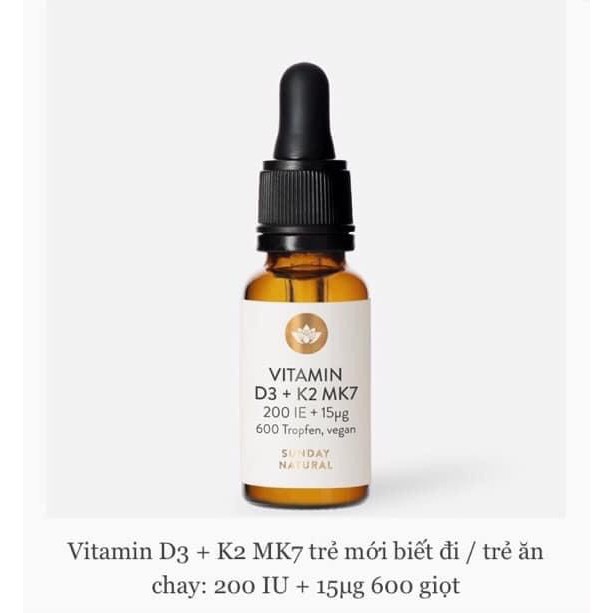 Vitamin D3 K2 Sunday Natural D3 K2 MK7, Đức (20ml dạng giọt) tăng hấp thu canxi vào xương, răng cho trẻ sơ sinh - 4 tuổi