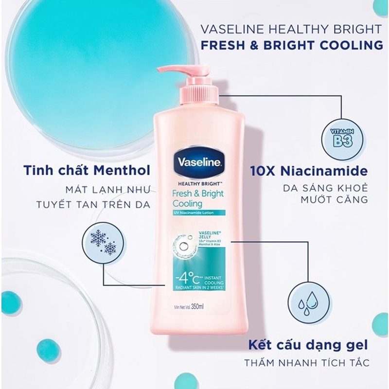 Combo Sữa Dưỡng Thể Vaseline Dịu Mát Sáng Da Healthy White Fresh &amp; Fair Cooling UV Gel Lotion 350mlx2