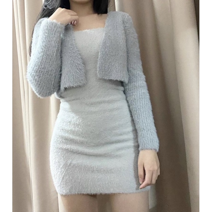 Set áo khoác + đầm lông xám phong cách ulzzang