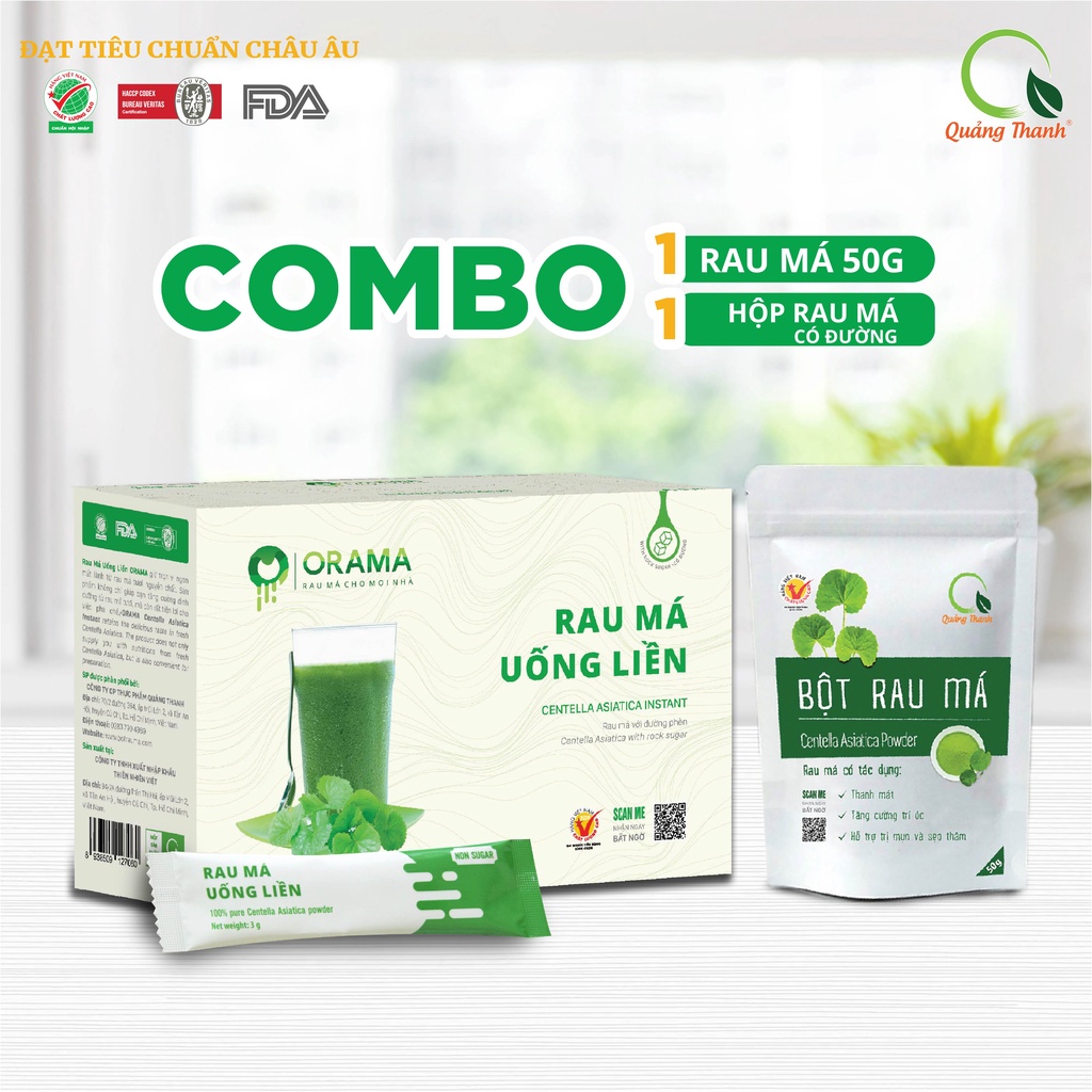 Combo Gói Bột Rau Má 50g và Hộp Rau Má Orama Có Đường - Thanh nhiệt, mát gan, hỗ trợ giảm mụn, đẹp da