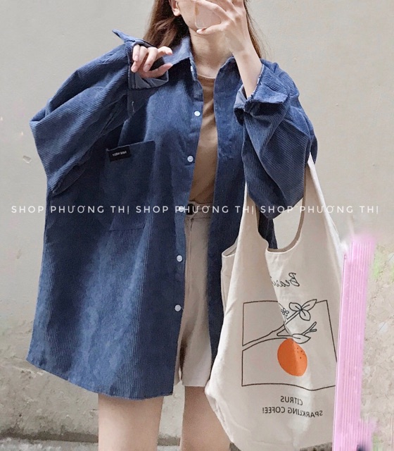 Sơmi nhung tăm màu xanh than siêu hot - áo khoác nhung ulzzang (hình thật shop chụp/sẵn) | BigBuy360 - bigbuy360.vn