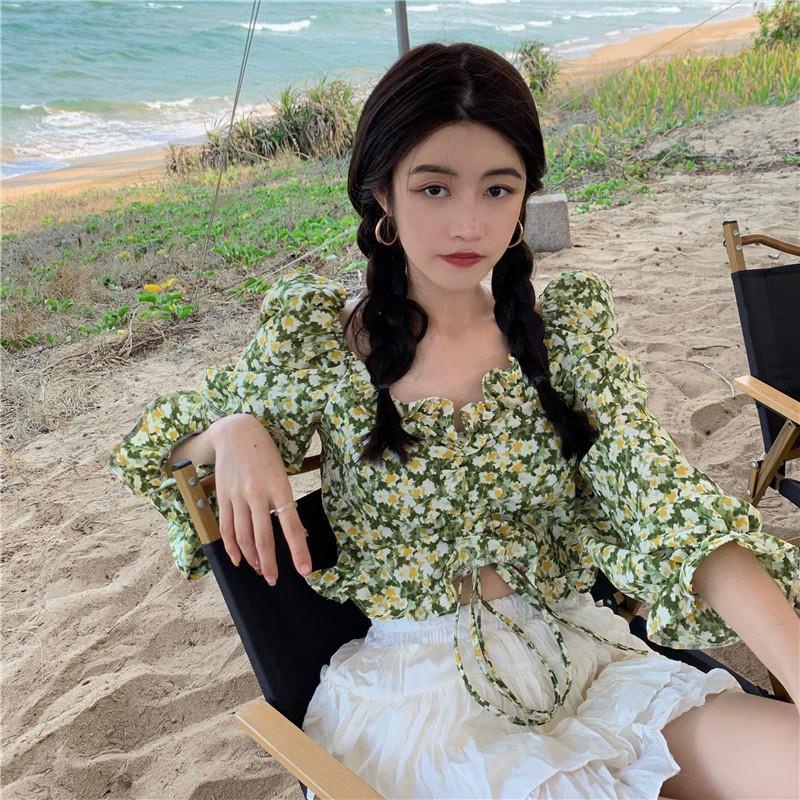 IELGY Áo Kiểu Tay Dài Cổ Chữ v In Họa Tiết Hoa Phong Cách Cổ Điển Dành Cho Nữ