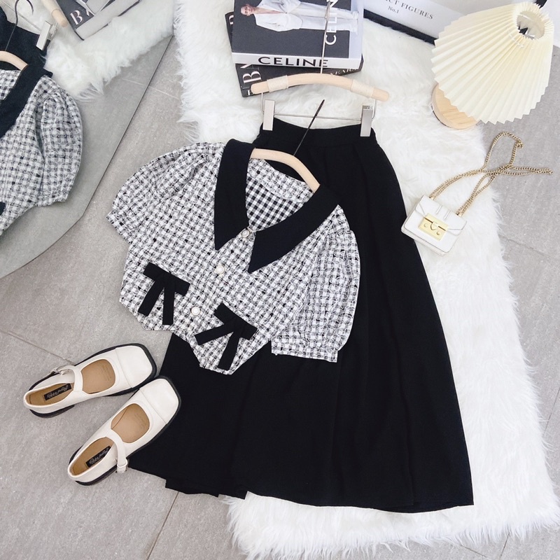 SET ÁO DẠ CARO NƠ TÚI ĐEN + CHÂN VÁY ĐEN MIDI