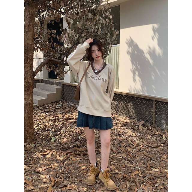 COZOK Áo Sweater Tay Dài Cổ Chữ V In Chữ Phong Cách Vintage