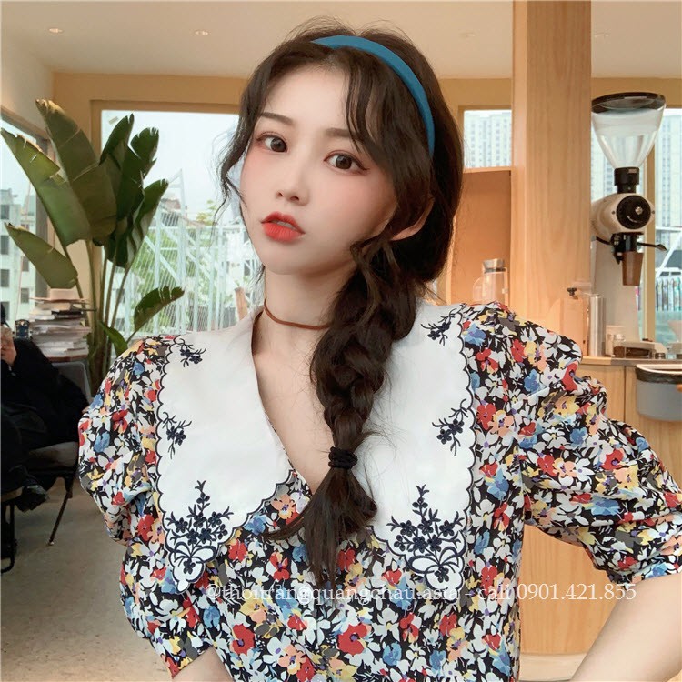 Áo sơ mi Hoa, Cổ Búp Bê Phong Cách Retro Hàn Quốc