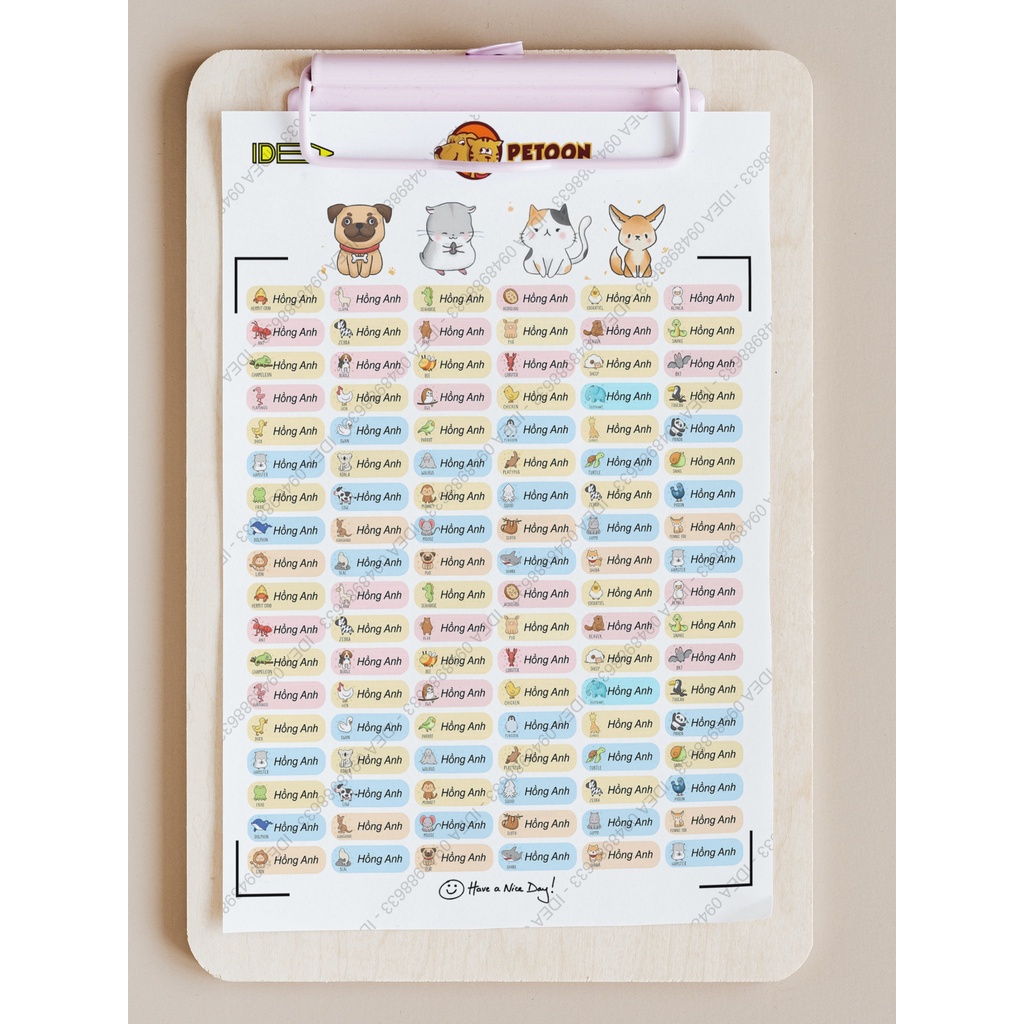 108 sticker ANIMAL dán đồ dùng học tập  in tên riêng của bé