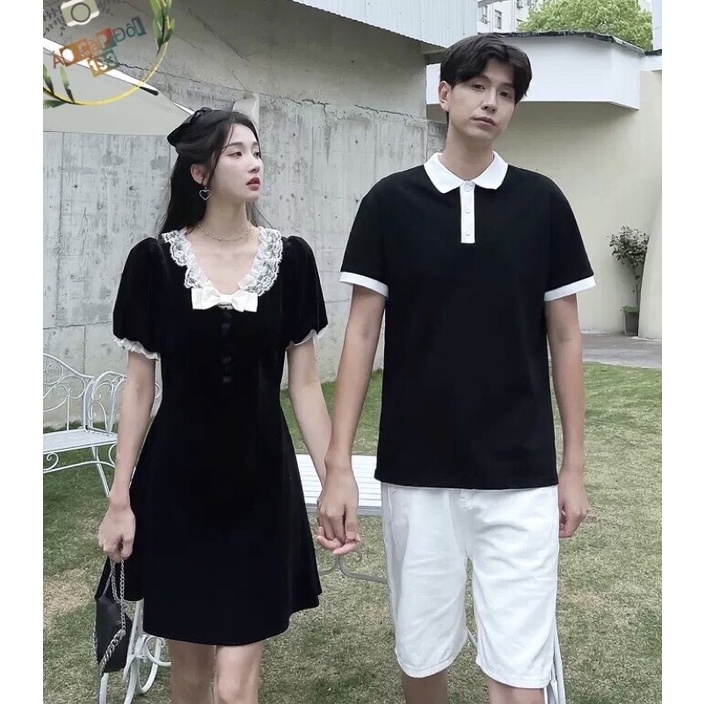 Set áo váy đôi nam nữ chất liệu thun cotton da cá, màu đen viền cổ trắng