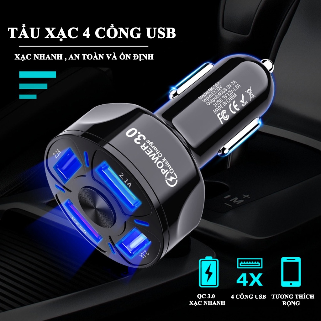Tẩu Sạc Ô Tô - Tẩu Sạc Nhanh Ô Tô 4 Cổng USB VERSION 2  - Tiện Lợi CARZONE.TOP