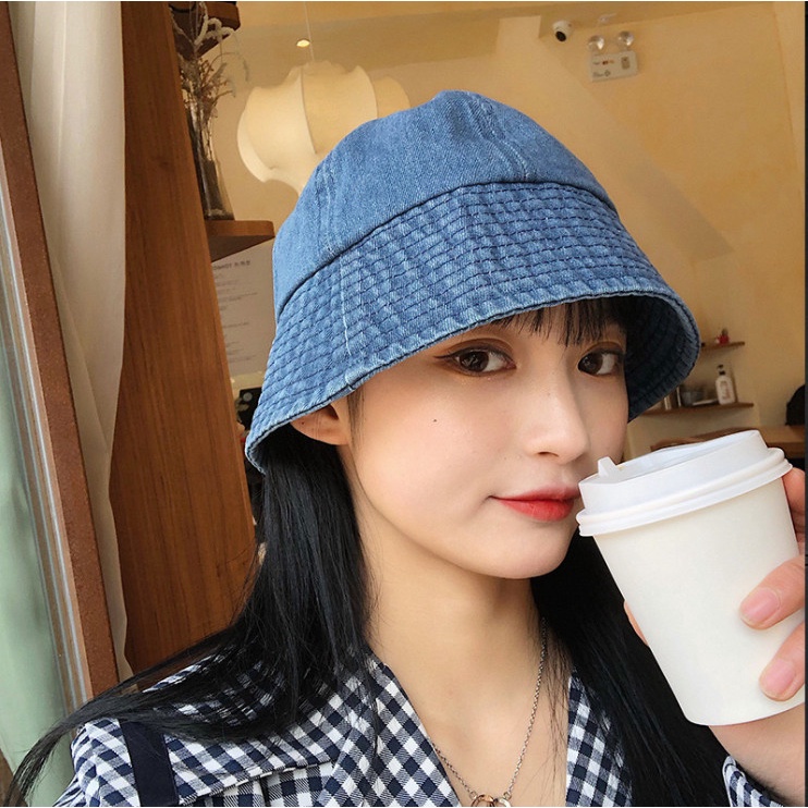 Nón bucket vành nhỏ vải denim màu xanh thoáng mát kiểu dáng retro cho nữ chụp ảnh sống ảo cực đẹp độc
