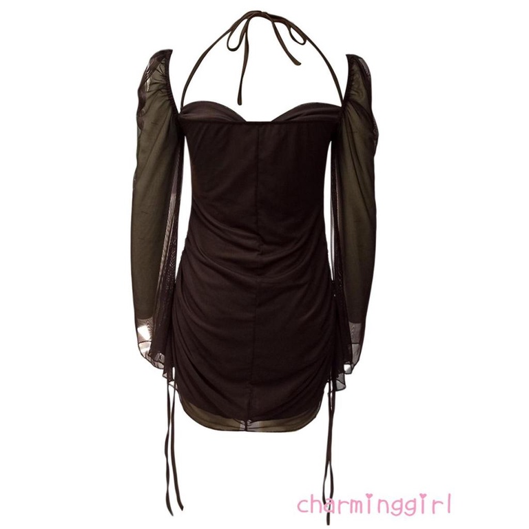 QAQ-Women´s Dress Adult Solid Color Long Sleeve Drawstring Pleated Halter Neck Mini Dress
