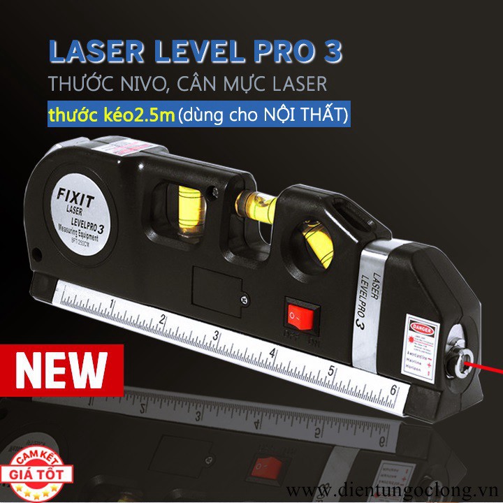 Thước Nivo, Căn Mực Laser Thước Kéo 2,5M 4in1 Laser Level Pro 3