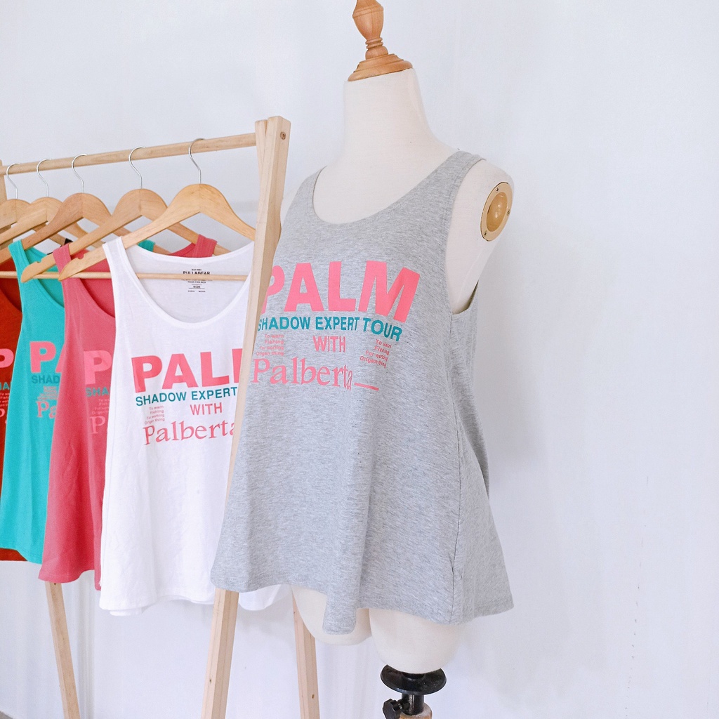 Áo ba lỗ  không tay nữ cổ tròn form rộng dáng xòe in chữ palm đơn giản sát nách thun cotton mặc nhà mát