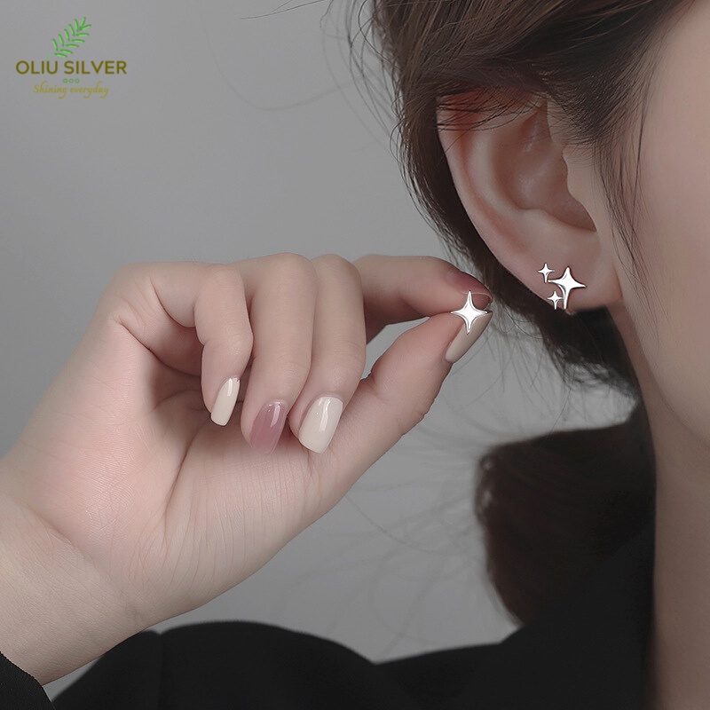 Bông Tai Bạc S925 Ngôi Sao Bốn Cánh Bất Đối Xứng Trẻ Trung Cá Tính | Khuyên Tai Nữ Trang Sức Bạc Thời Trang