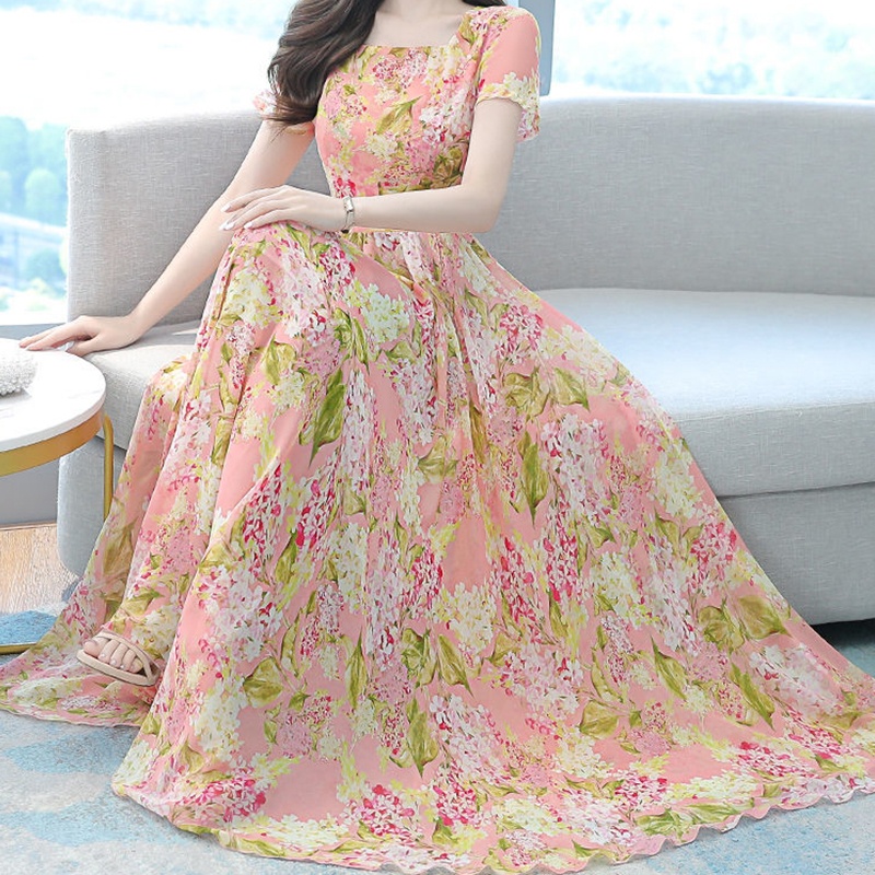 Đầm Maxi Tay Ngắn Cổ Vuông In Hoa Phong Cách Boho Thời Trang Cho Nữ