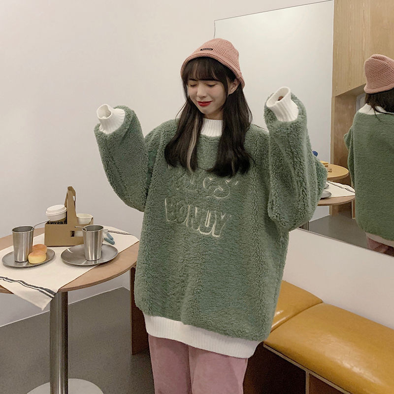 Áo Hoodie Vải Nhung Dày Dặn Dáng Rộng Có Thêu Hoạ Tiết Đơn Giản Xinh Xắn Cho Nữ